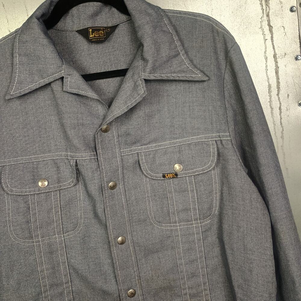 Lee Jeans Vintage 70s 80s Cotton Gray Denim Snap Button Up Shirt Jacket Large